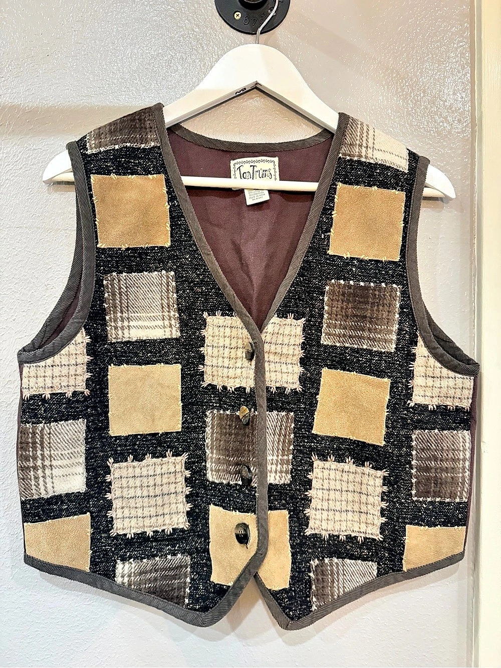 Tantrums Patchwork Cotton Vest in Black & Brown Medium Like New